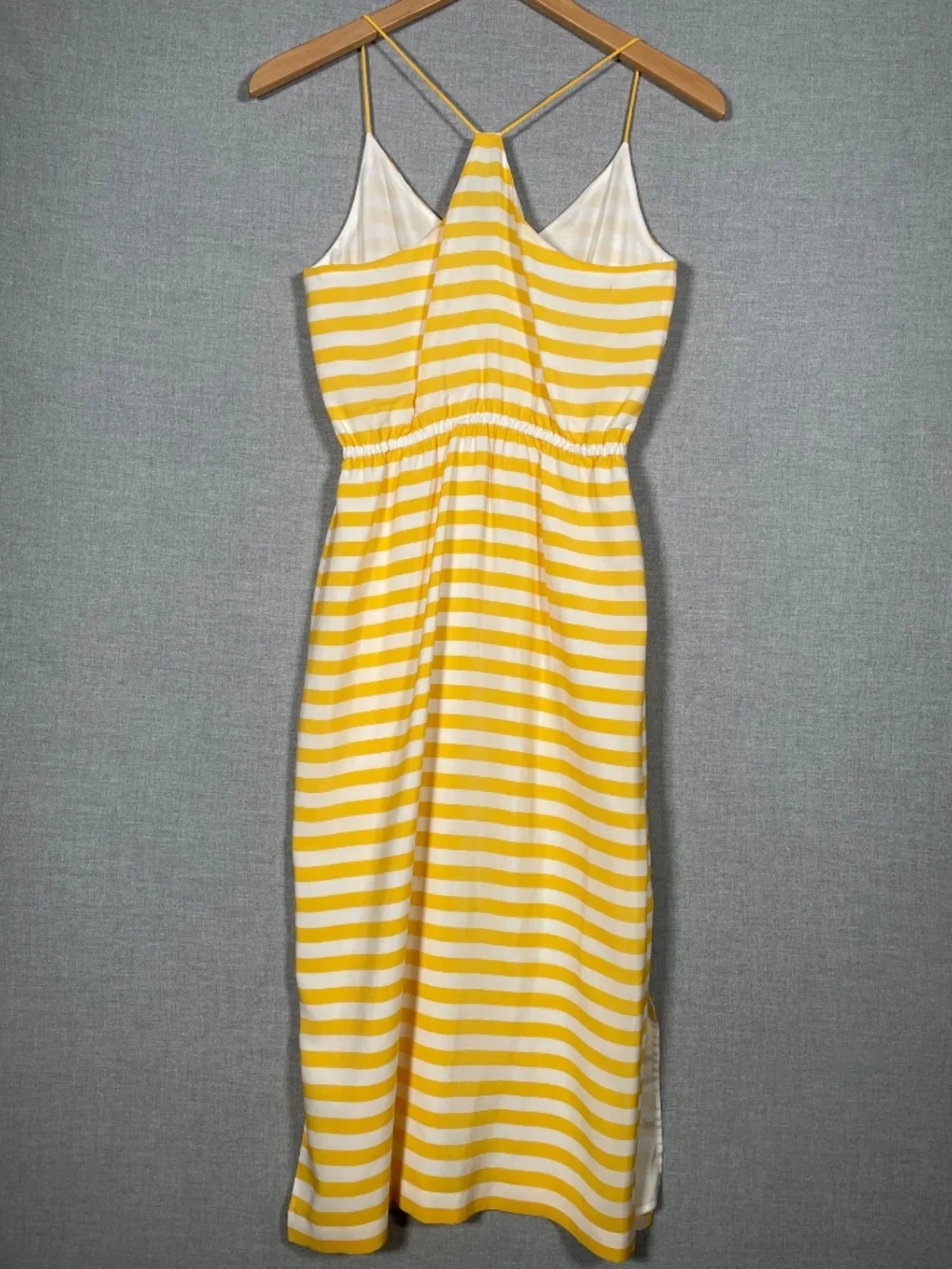 J. Crew Carrie Silk Midi Dress 0 Yellow White Stripe Cami Racerback Side Slit